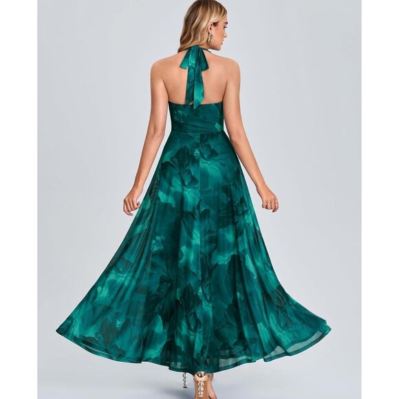 Women's Green Floral Summer Cowl Neck Flowy A Line Elegant Beach Long Maxi - Picture 3 of 5